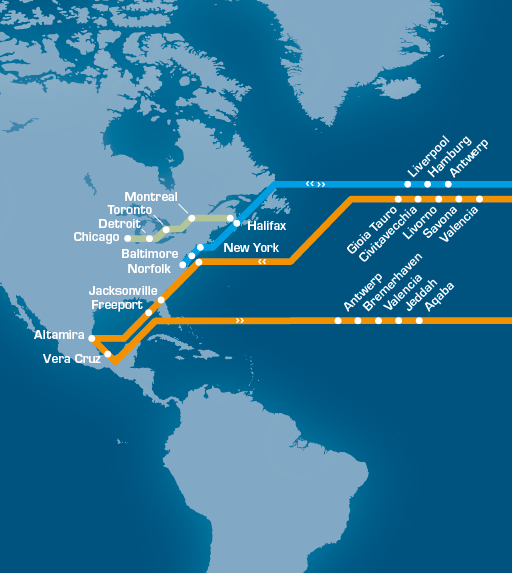 A blue map of the world with a yellow line going across it. Beskrivelse genereret af AI