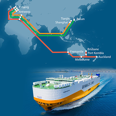 Explore global shipping routes from Esbjerg and Antwerp to destinations like Shanghai, Tianjin, Busan, Fremantle, Melbourne, Port Kempla, Brisbane, and Auckland with Niels Winther Liner.