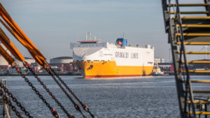 A Grimaldi Lines ship gracefully approaching the port