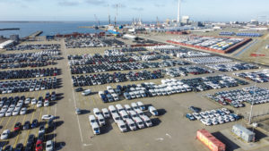 Rows of vehicles awaiting processing at SAL's AutoHub. The cars are neatly lined up, ready to be transported to the AutoHub preparation center or loaded onto car transporters