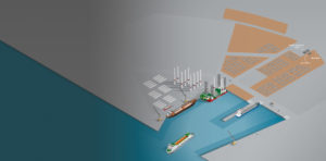 Isometric illustration depicting the operational layout of Multiterminal, showcasing the comprehensive logistics infrastructure and services provided at the terminal in action.