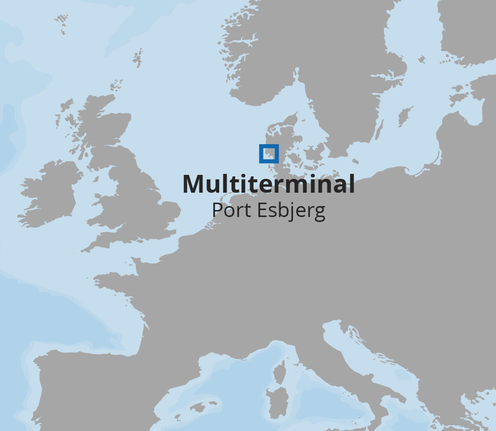 Illustration positioning Denmark at the center of Europe. This graphic complements the description of Multiterminal as a dynamic hub connecting to a global network, highlighting Denmark's strategic location for efficient logistics and cargo handling.