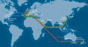 World map highlighting Niels Winther Liner Agencies' new Break-Bulk services to China, South Korea, Australia, and New Zealand in partnership with Grimaldi Lines.